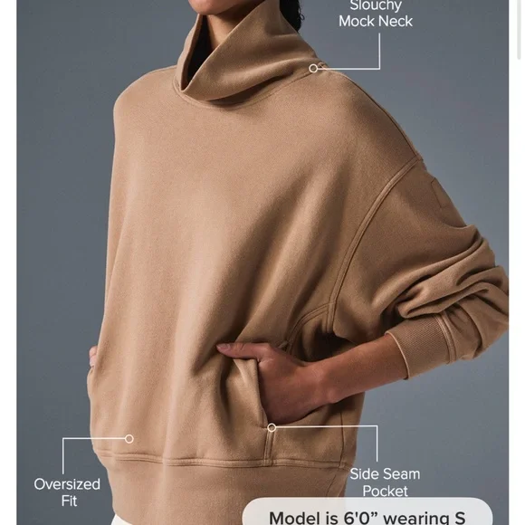 NWT ALO YOGA Hazy Mock Neck Pullover Toasted Almond - Picture 4 of 9